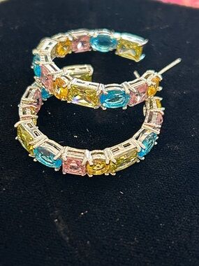 Multicolor Crystal Hoop Earrings - Pastel Pink, Blue & Yellow